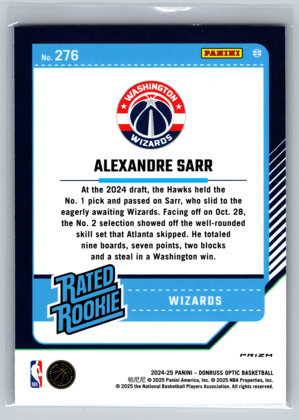 2024 Panini Optic Alexandre Sarr Hyper Pink Rookie Card #276