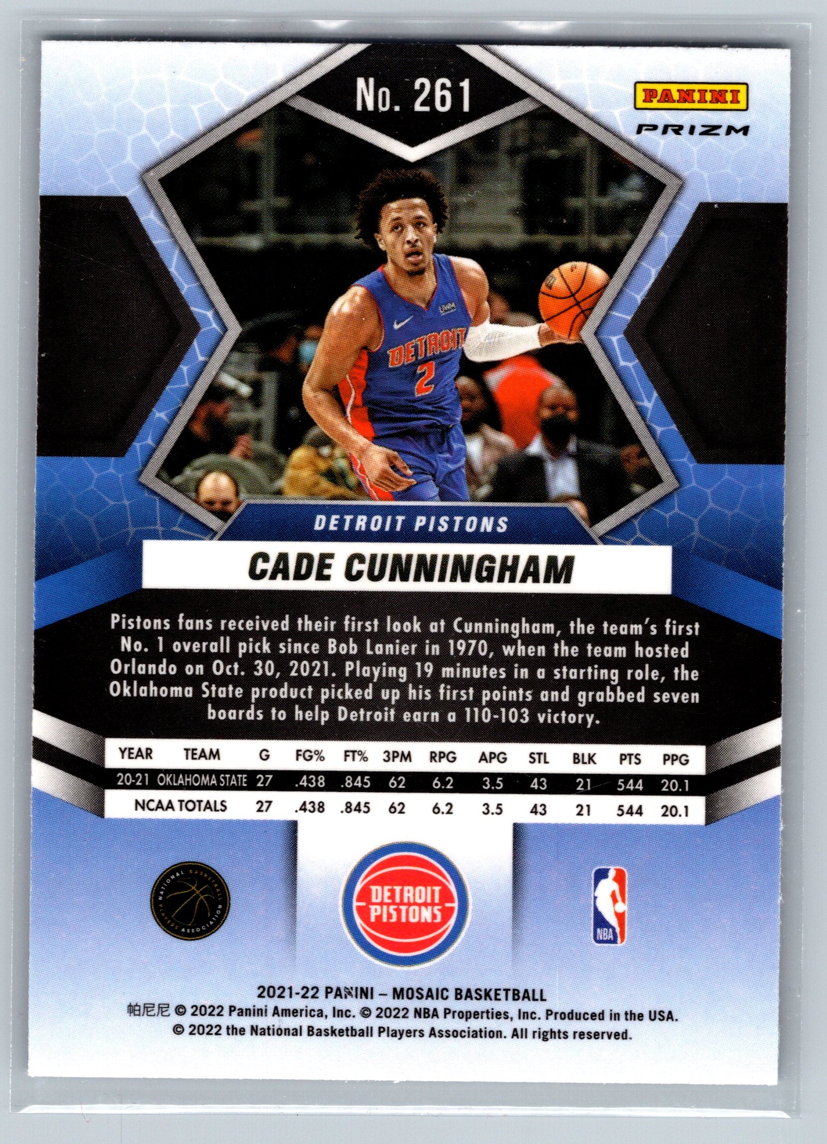 2021 Panini Mosaic Cade Cunningham Holo Rookie Card #261. This holographic rookie card features Cade Cunningham, the first overall pick in the 2021 NBA Draft