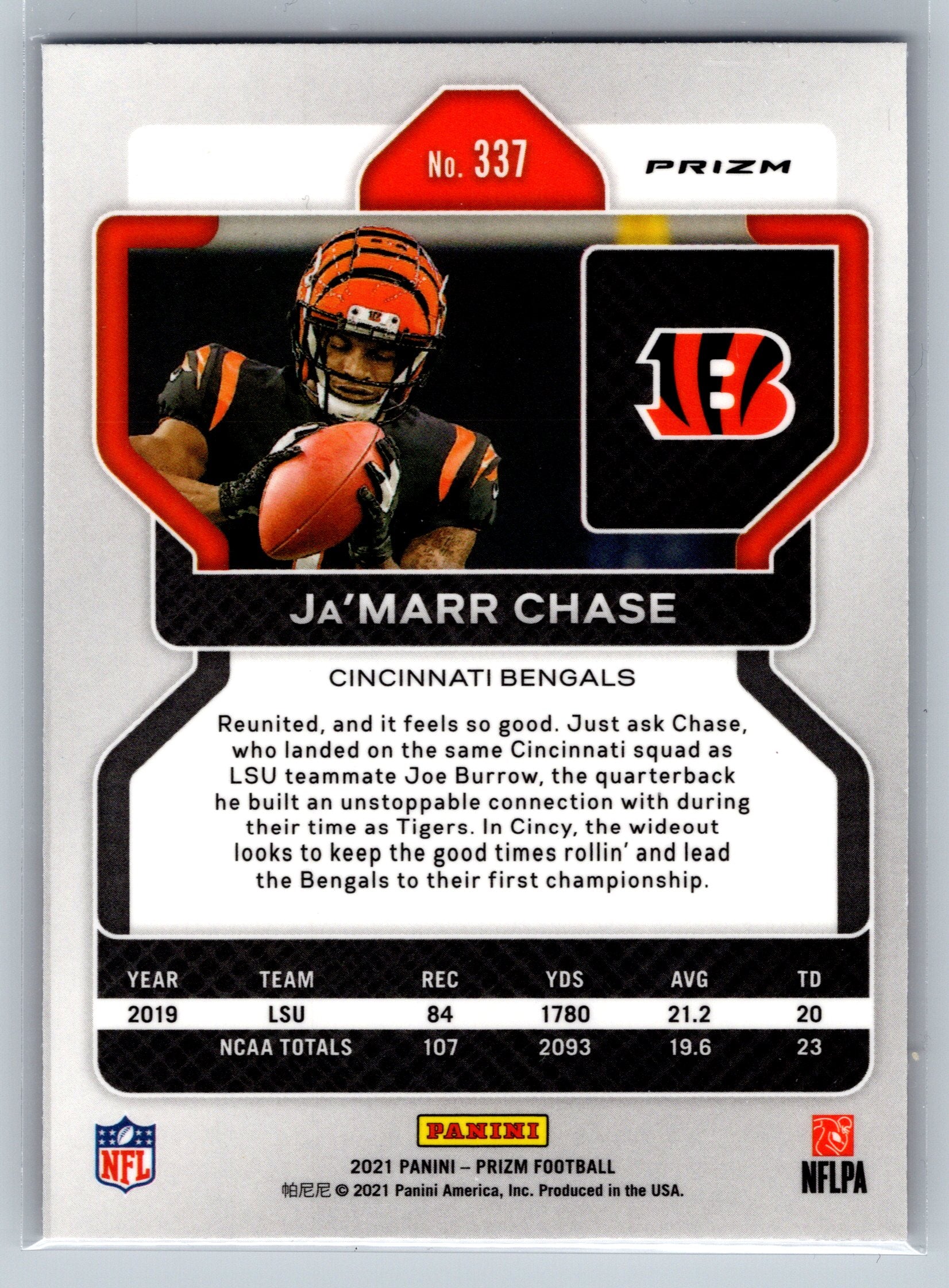 Panini Prizm football trading card of Ja'Marr Chase with Cincinnati Bengals logo