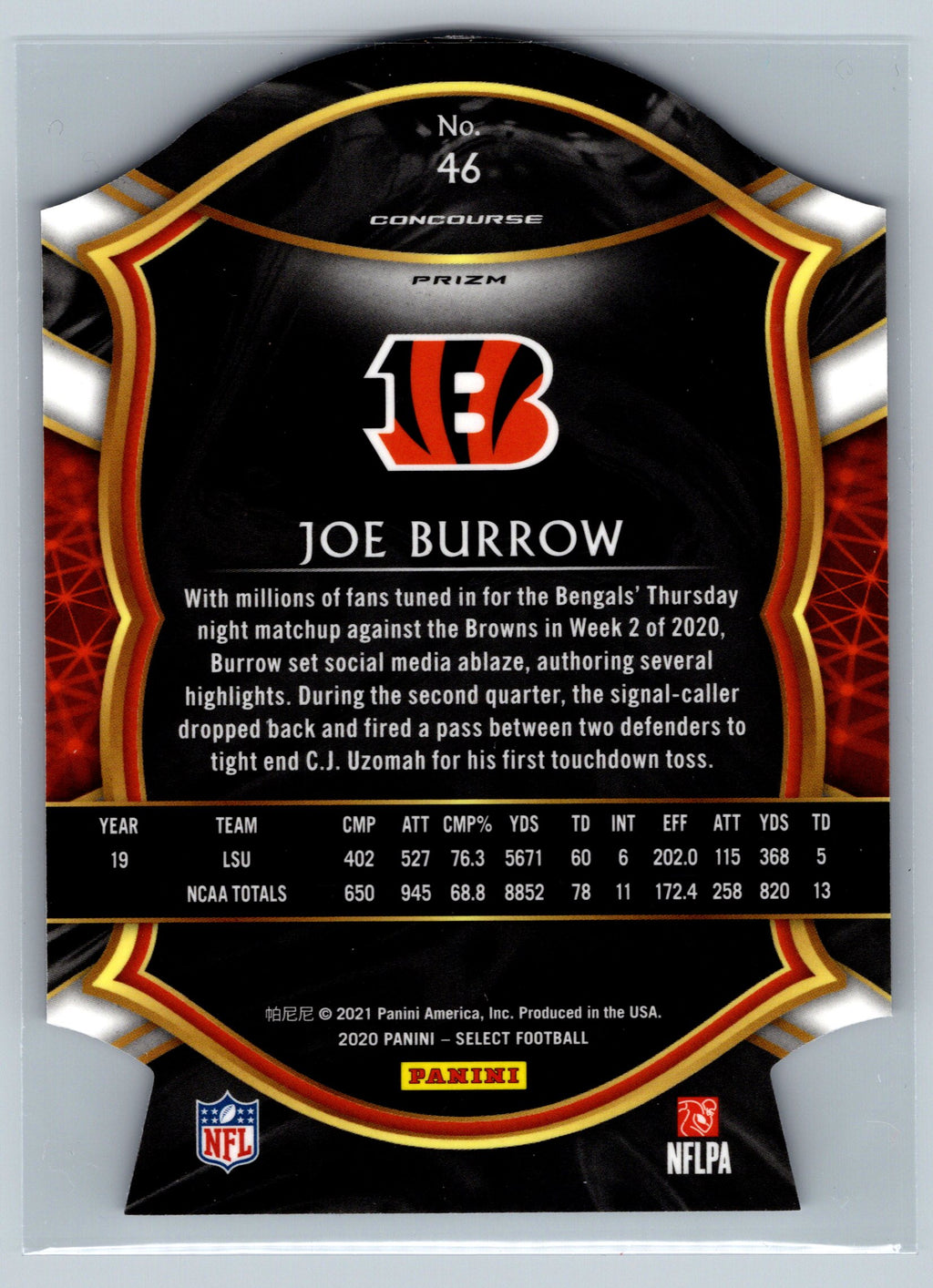Trading card of Joe Burrow with Bengals logo on a black background