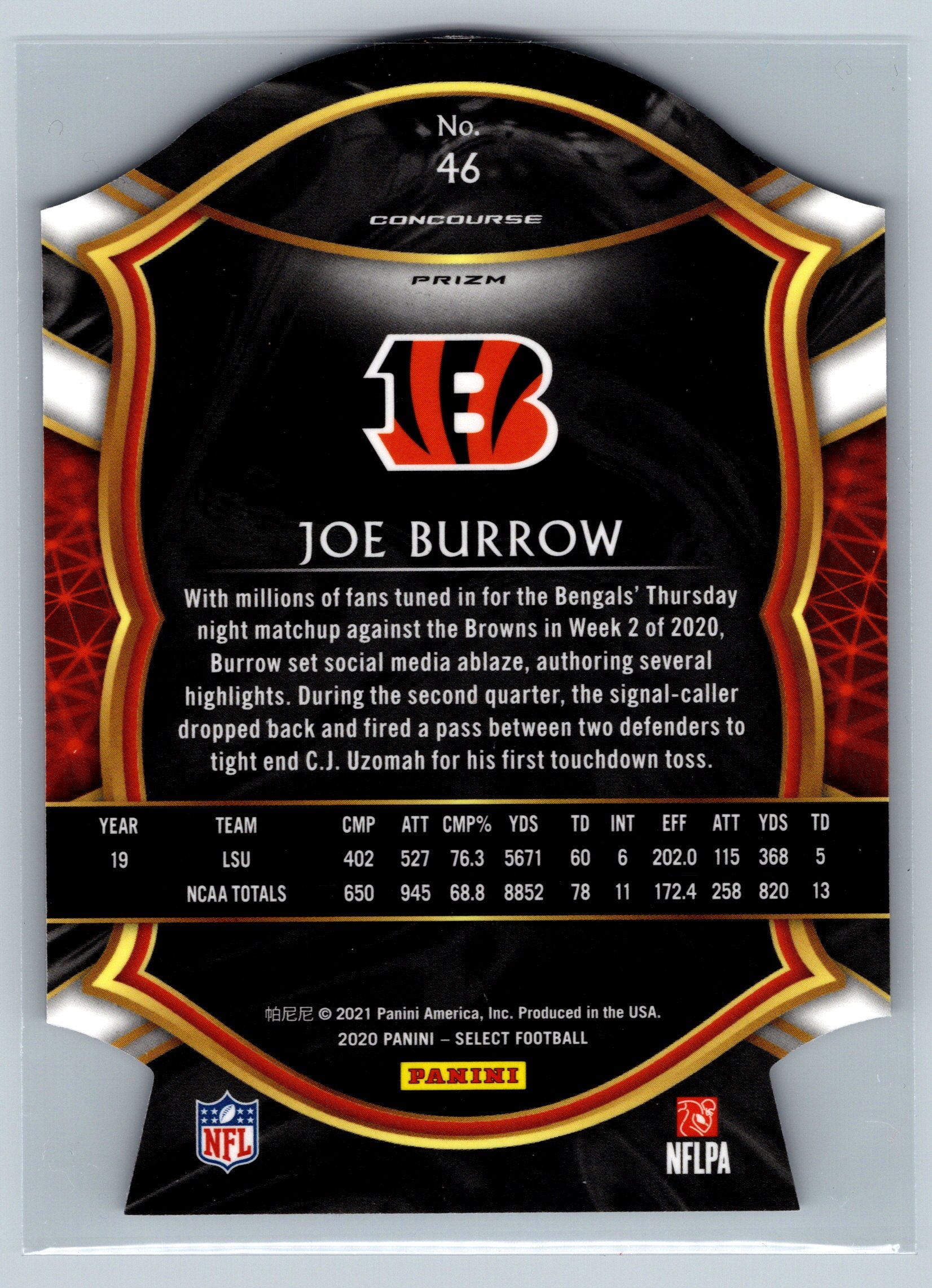 Trading card of Joe Burrow with Bengals logo on a black background