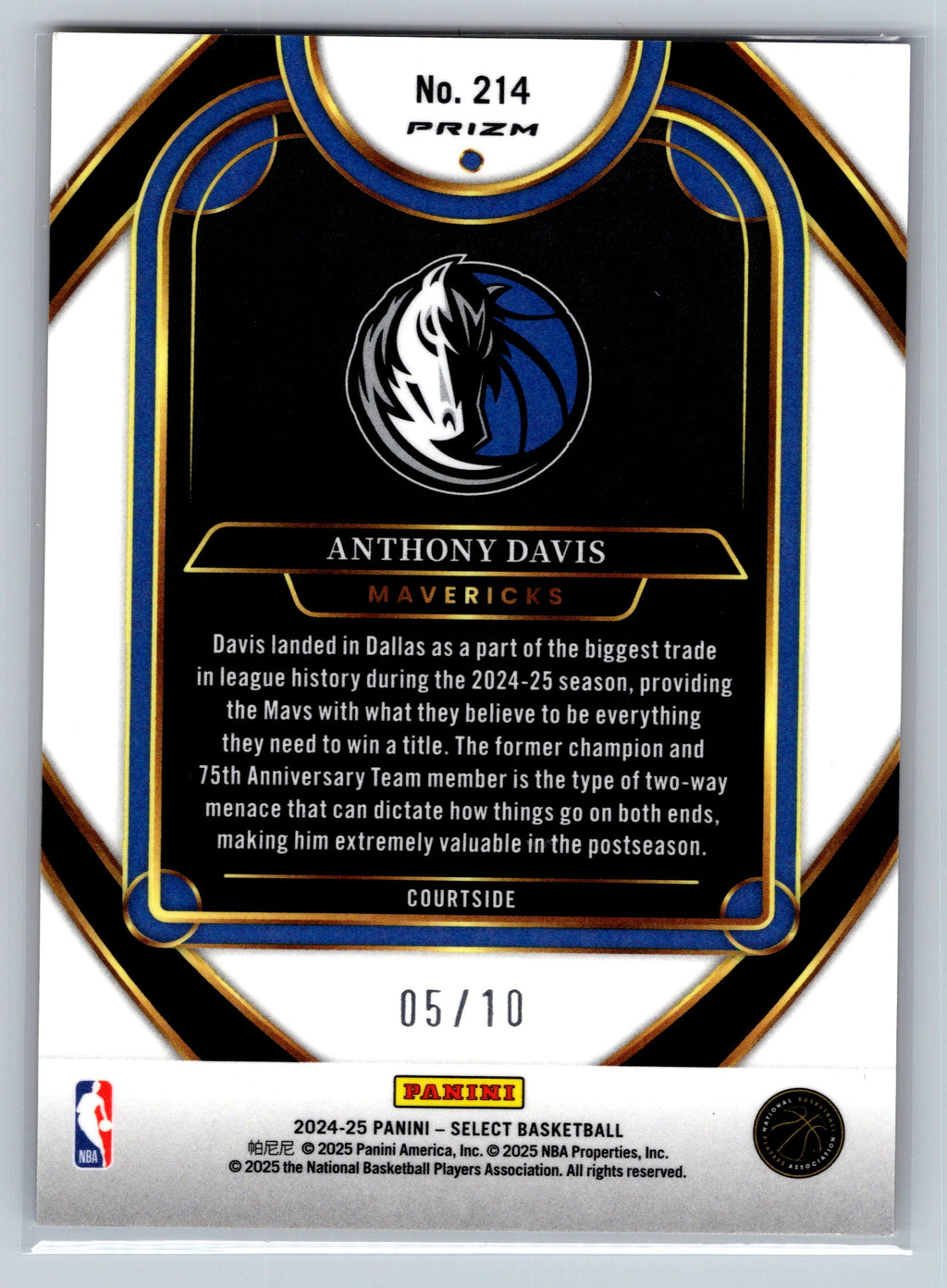 2024 Panini Select Anthony Davis Fast Break Courtside Level Gold /10 #214