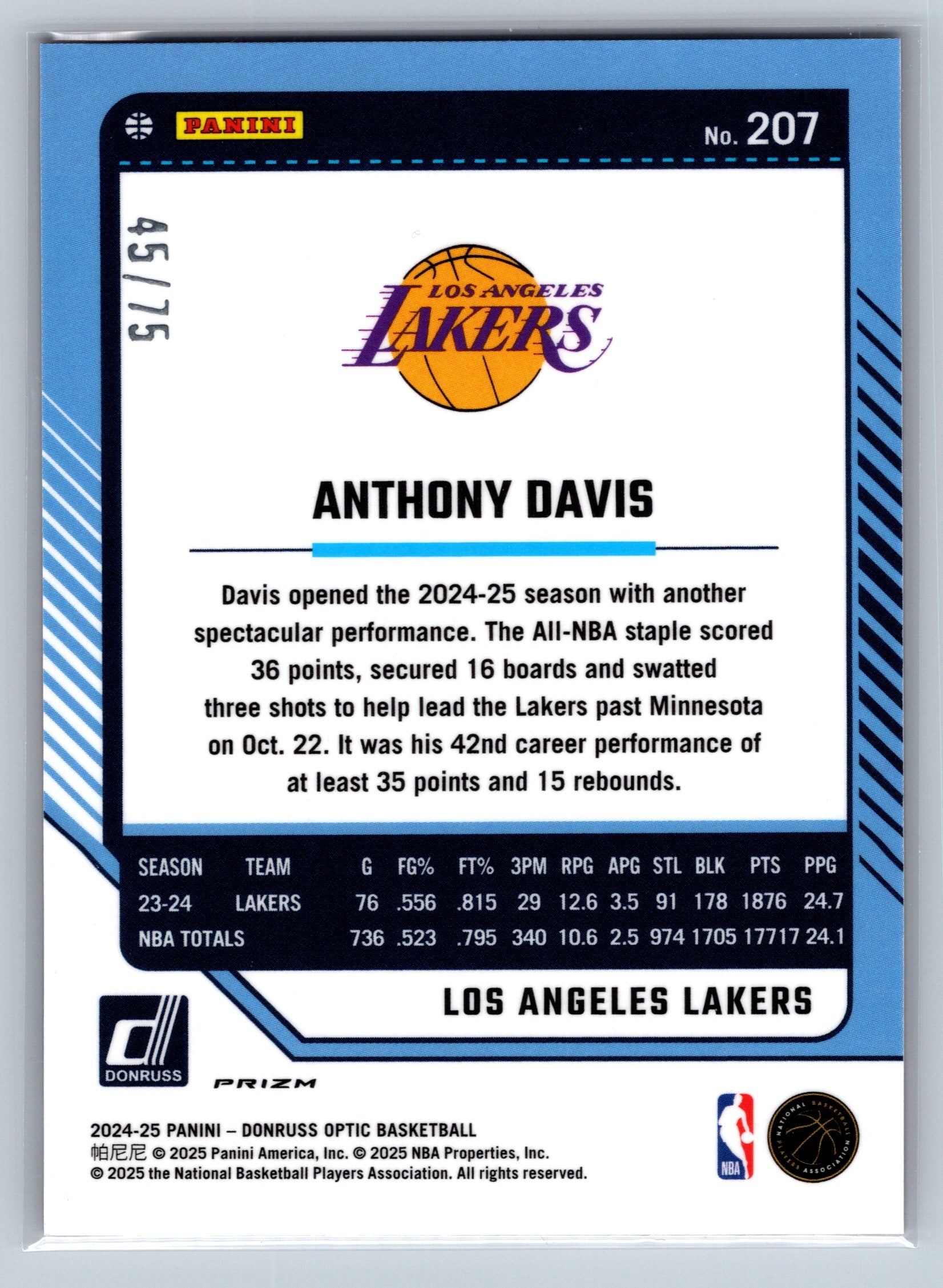 2024 Panini Donruss Anthony Davis Fast Break Red /75 #207