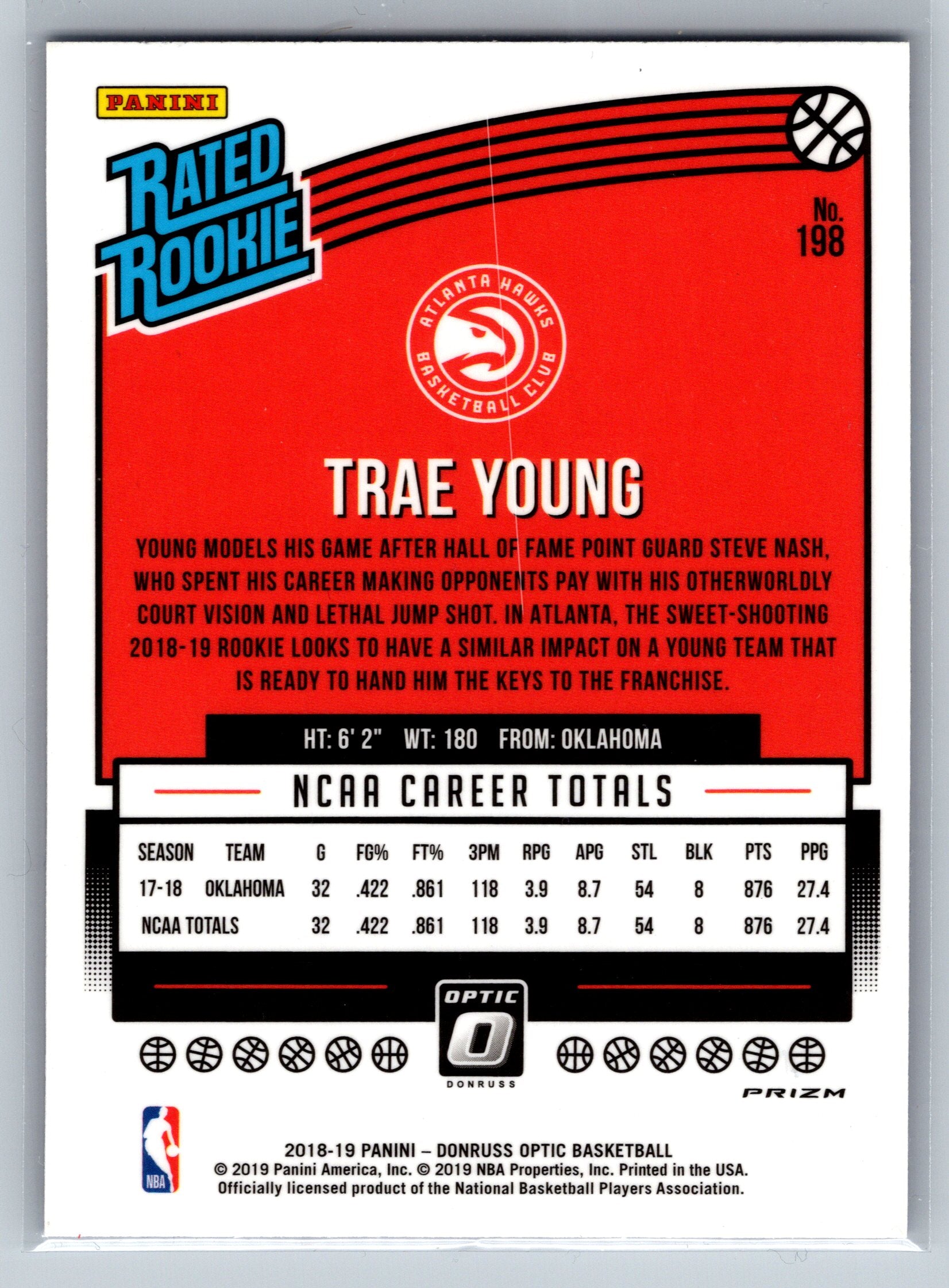 2018 Panini Optic Trae Young Blue Velocity Rated Rookie Card #198
