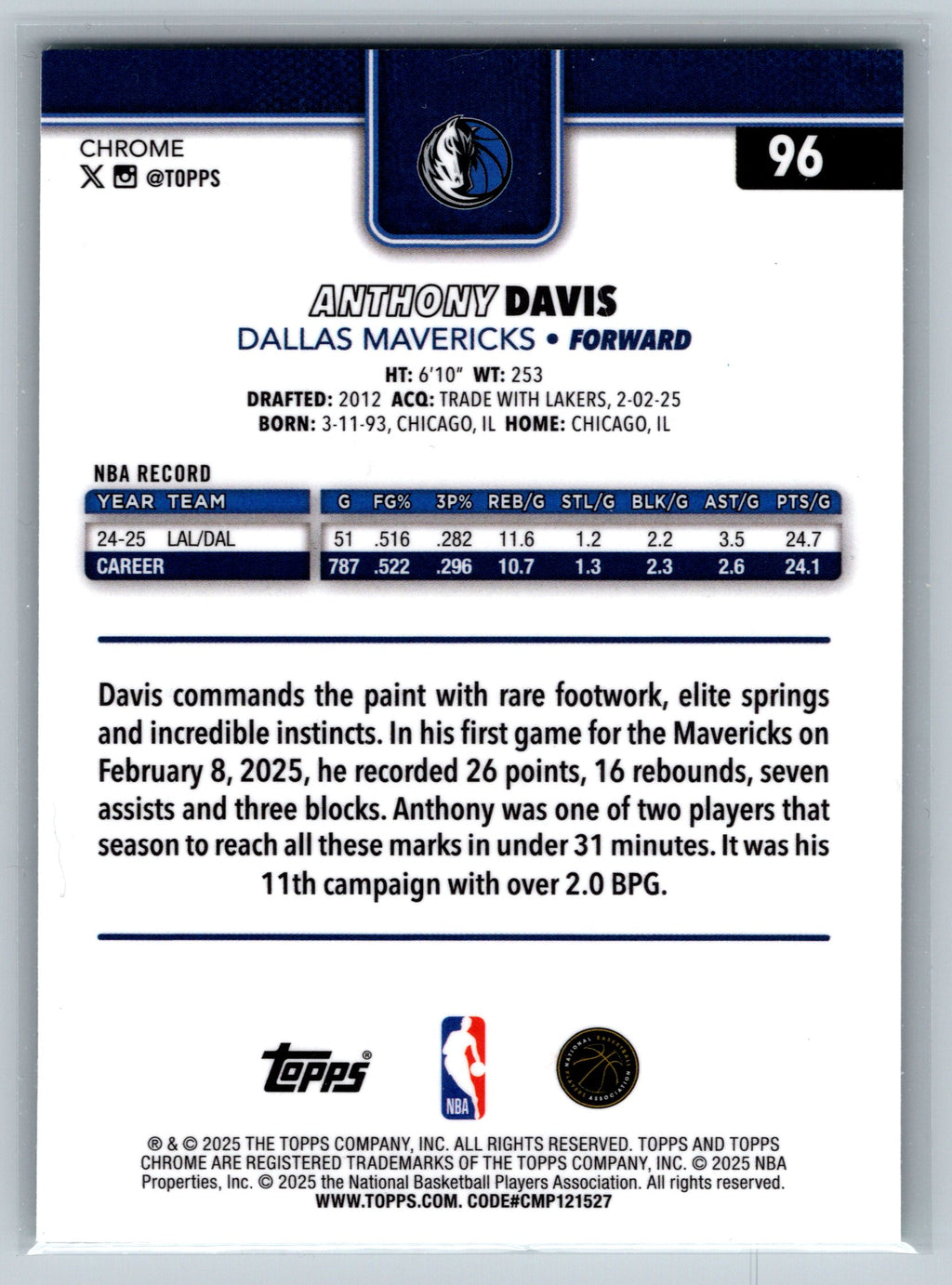 2025 Topps Chrome Anthony Davis Green /99 #96