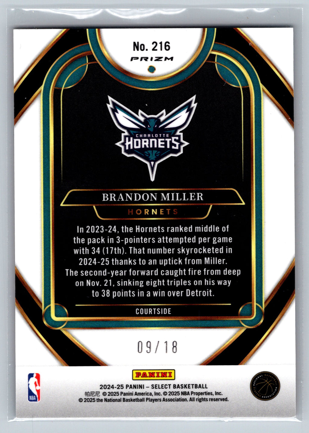 2024 Panini Select Brandon Miller Courtside Level FOTL /18 #216
