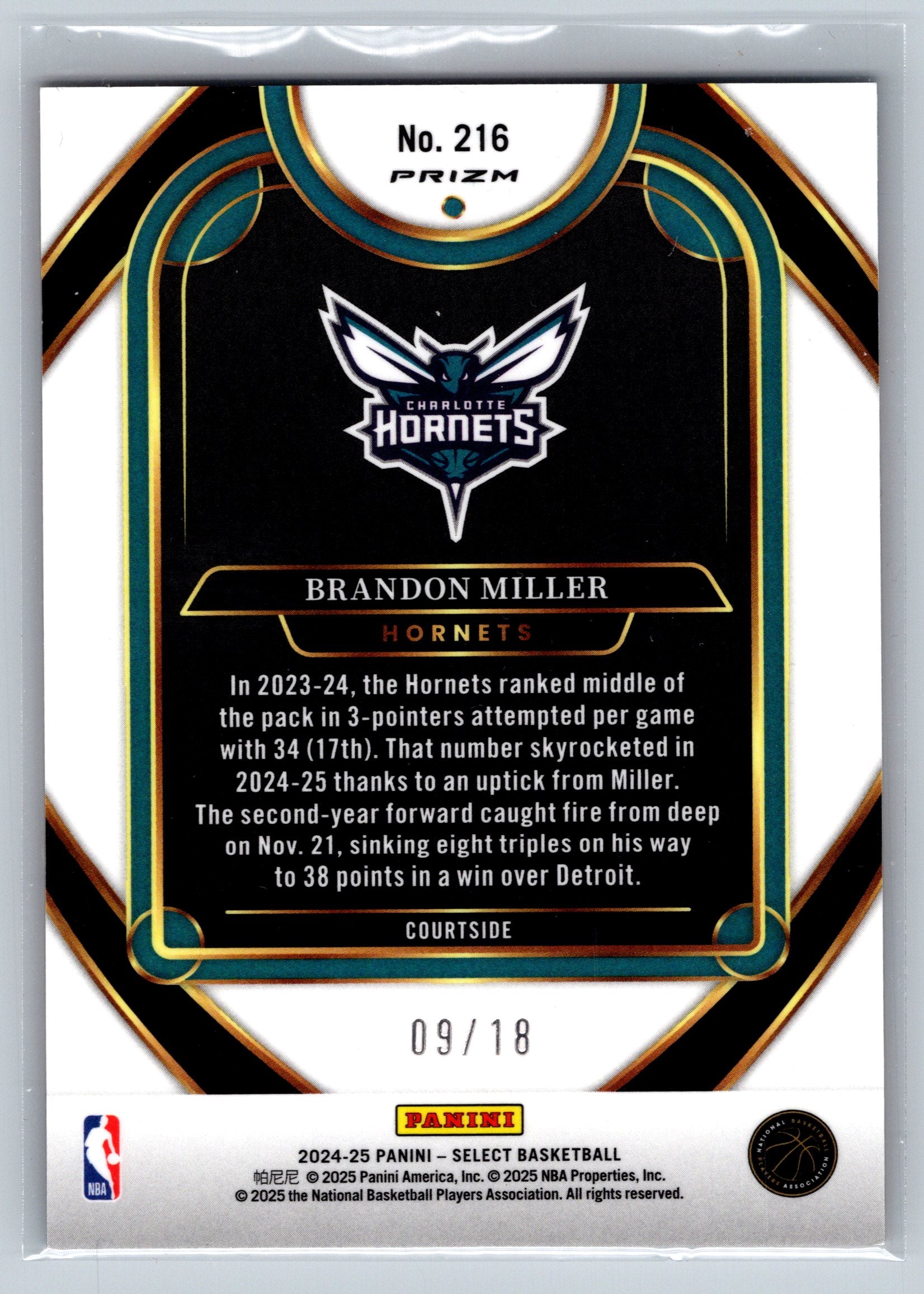 2024 Panini Select Brandon Miller Courtside Level FOTL /18 #216