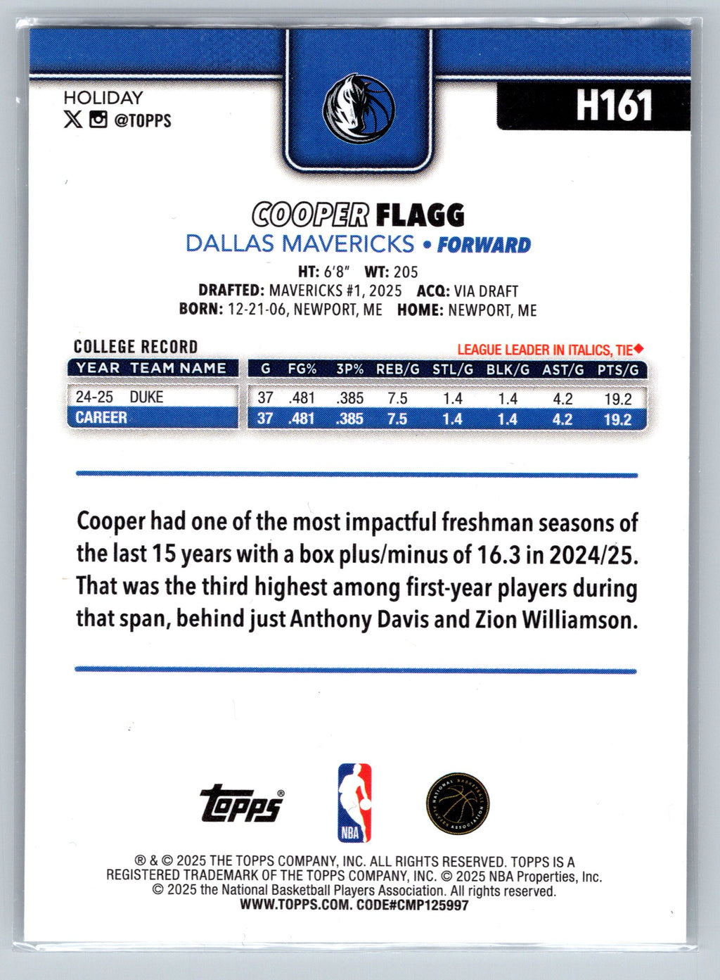 2025 Topps Cooper Flagg Christmas Rookie Card #H161