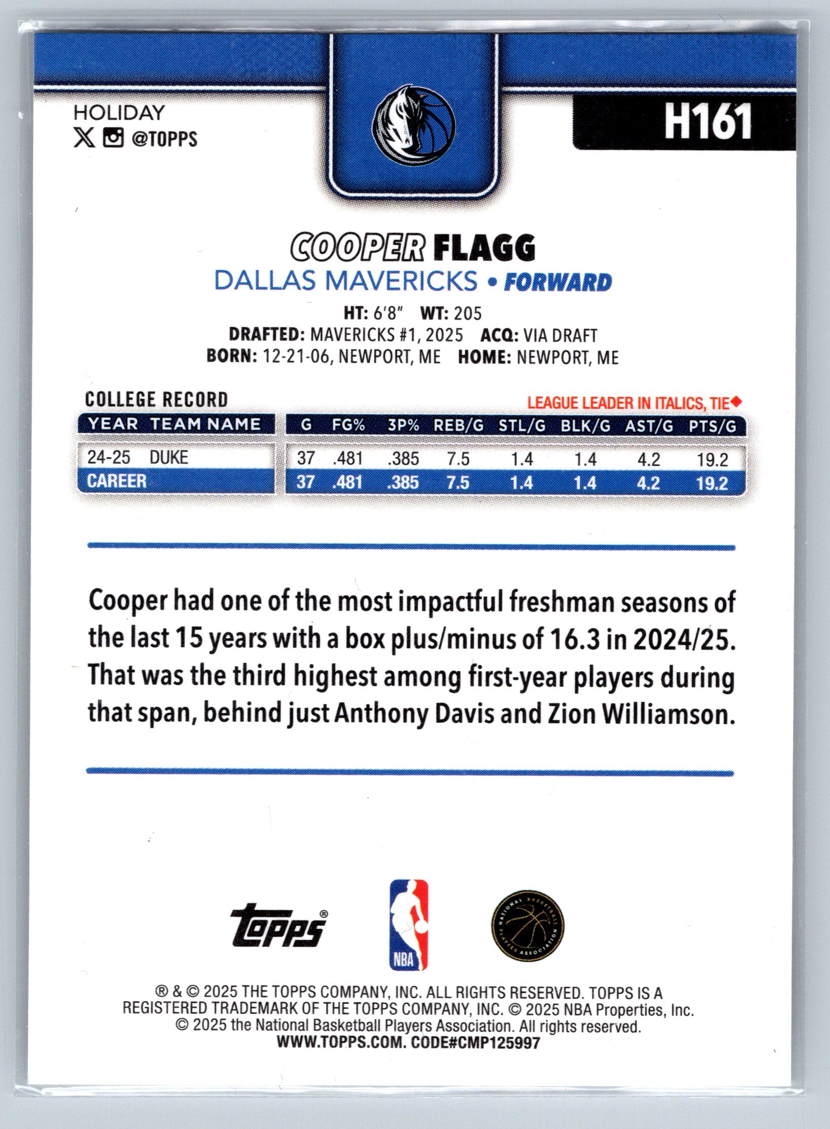 2025 Topps Cooper Flagg Christmas Rookie Card #H161