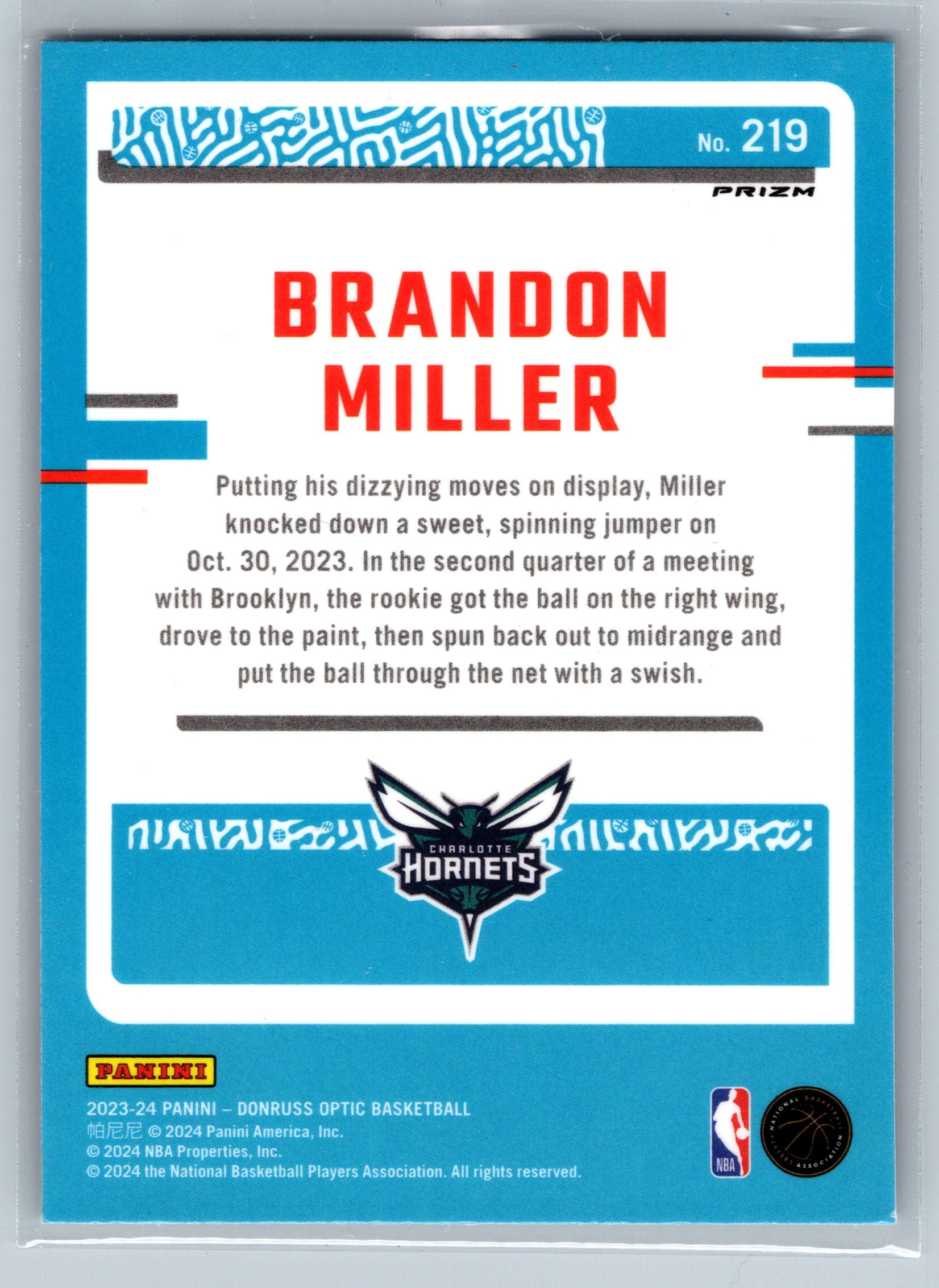 2023 Panini Optic Brandon Miller Choice Rated Rookie Card #219