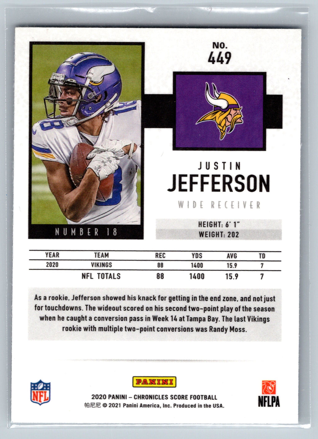 2020 Panini Score Justin Jefferson Chrome Rookie Card #449