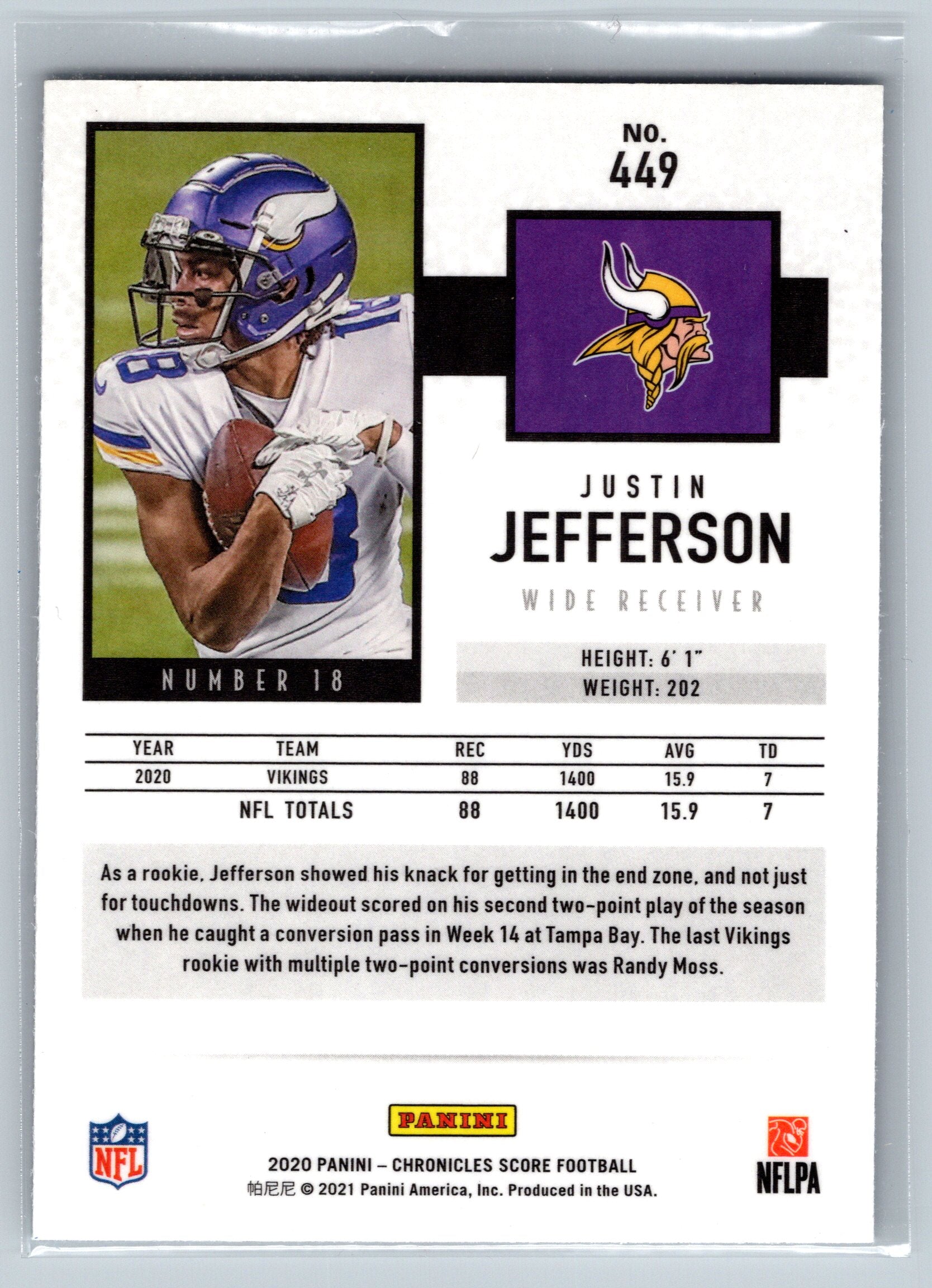 2020 Panini Score Justin Jefferson Chrome Rookie Card #449