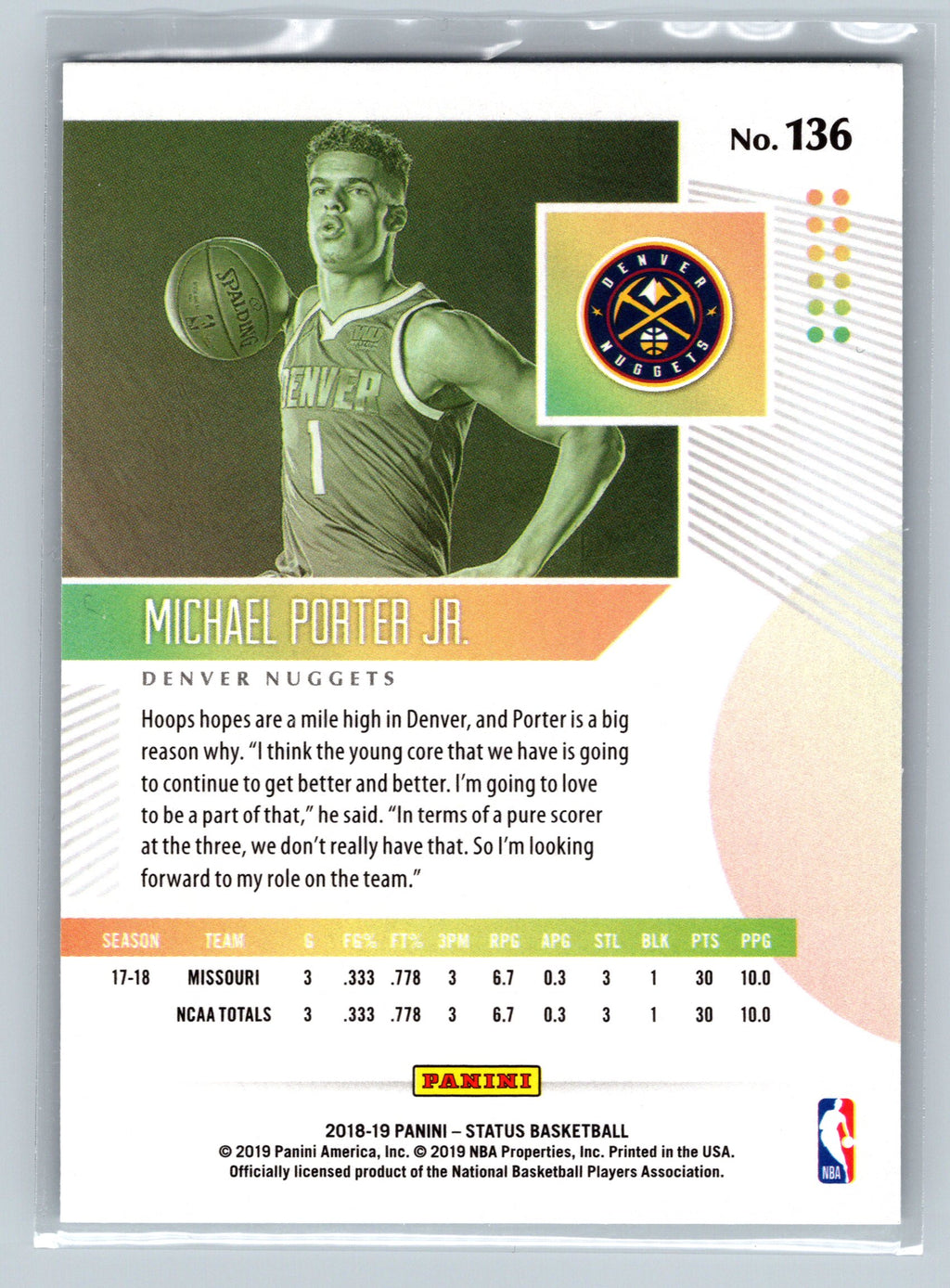 2018 Panini Status Michael Porter Jr. Rookie Card #136
