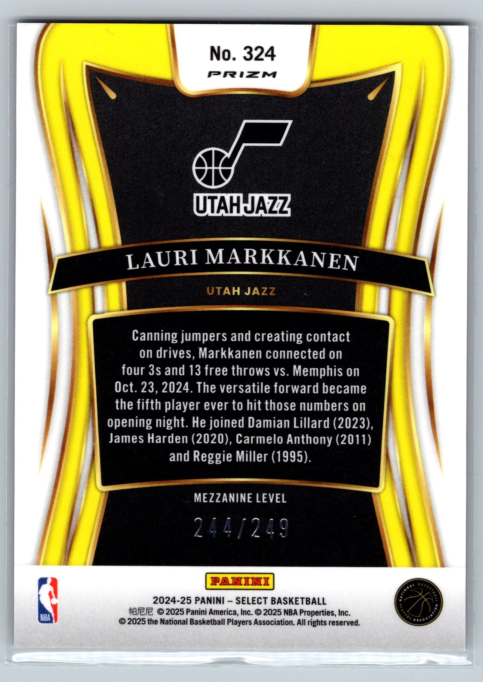 2024 Panini Select Lauri Markkanen Purple Mezzanine Level /249 #324
