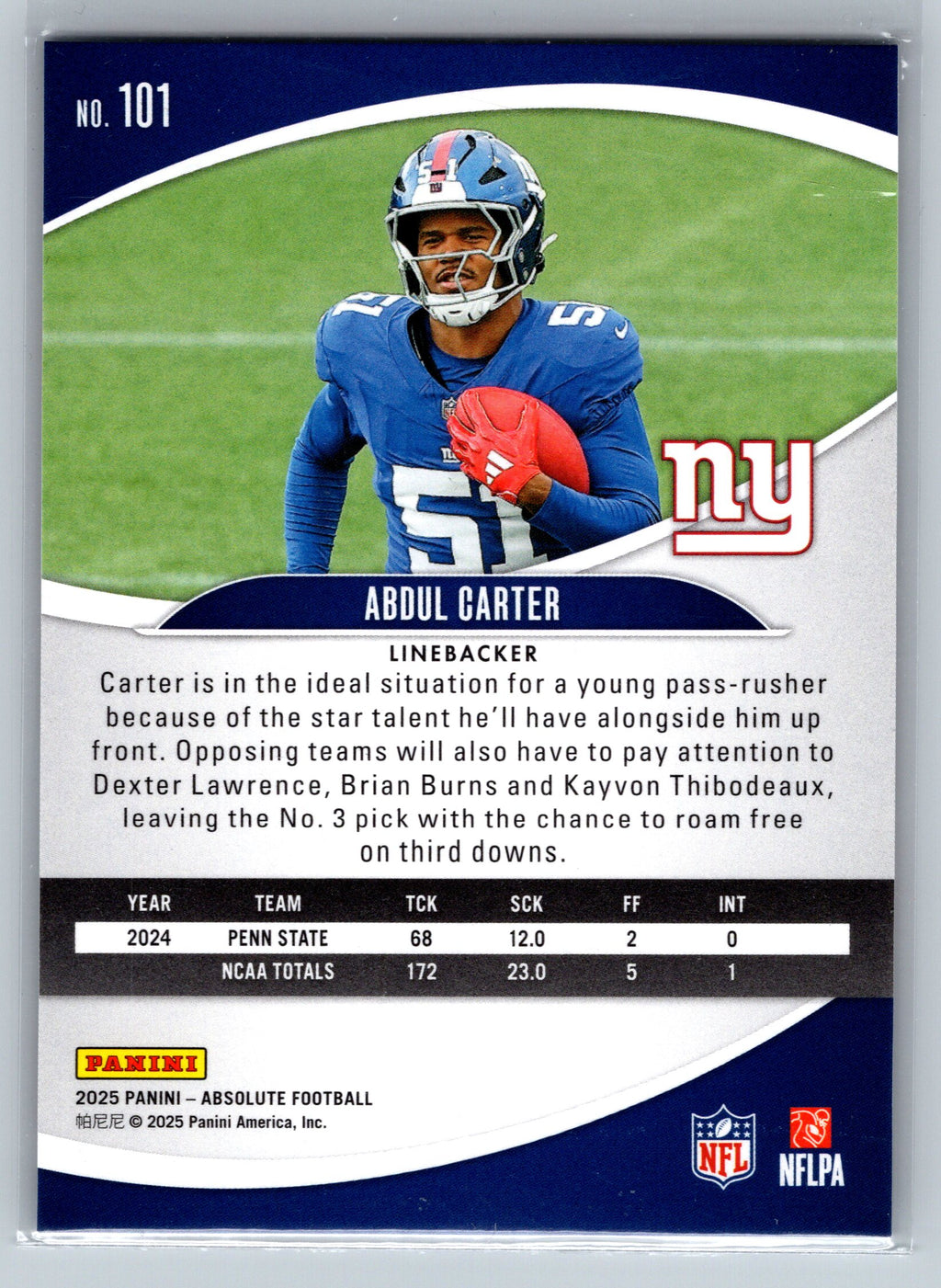2025 Panini Absolute Abdul Carter Rookie Card /825 #101