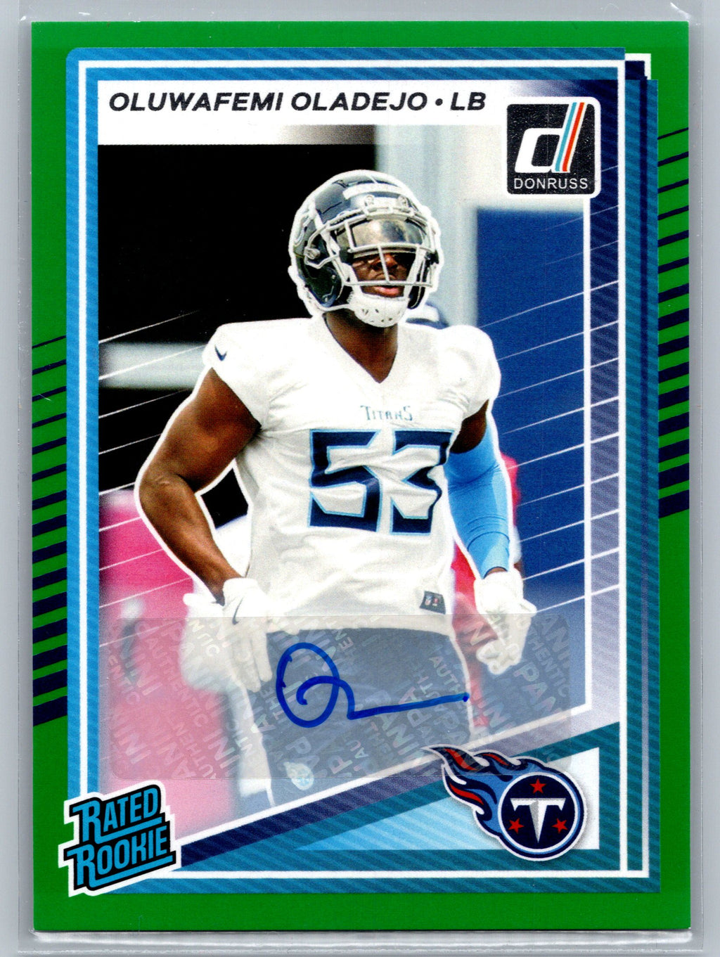 2025 Panini Donruss Oluwafemi Oladejo Green Press Proof Rated Rookie Autograph #384