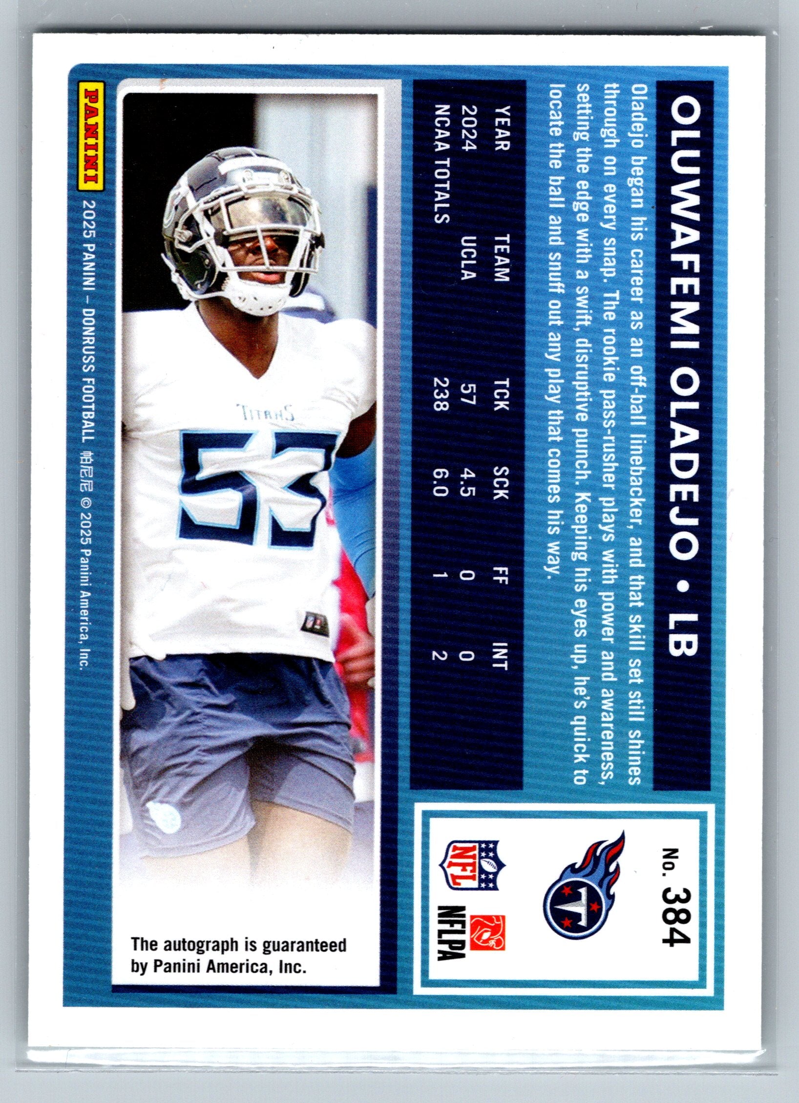 2025 Panini Donruss Oluwafemi Oladejo Green Press Proof Rated Rookie Autograph #384