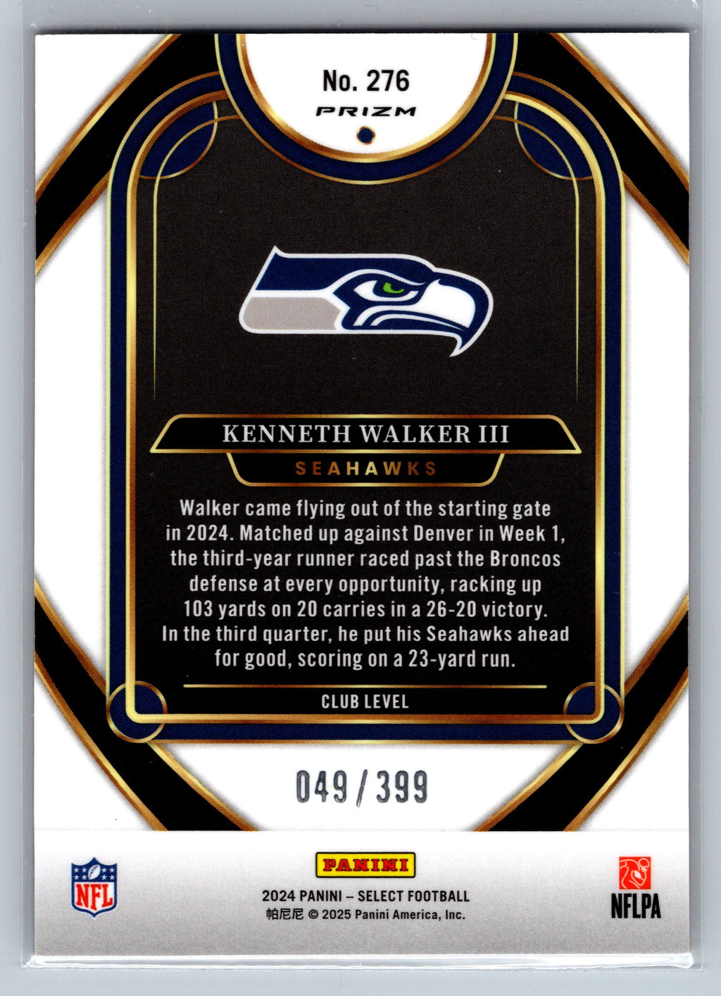 2024 Panini Select Kenneth Walker III Orange Shock Club Level /399 #276