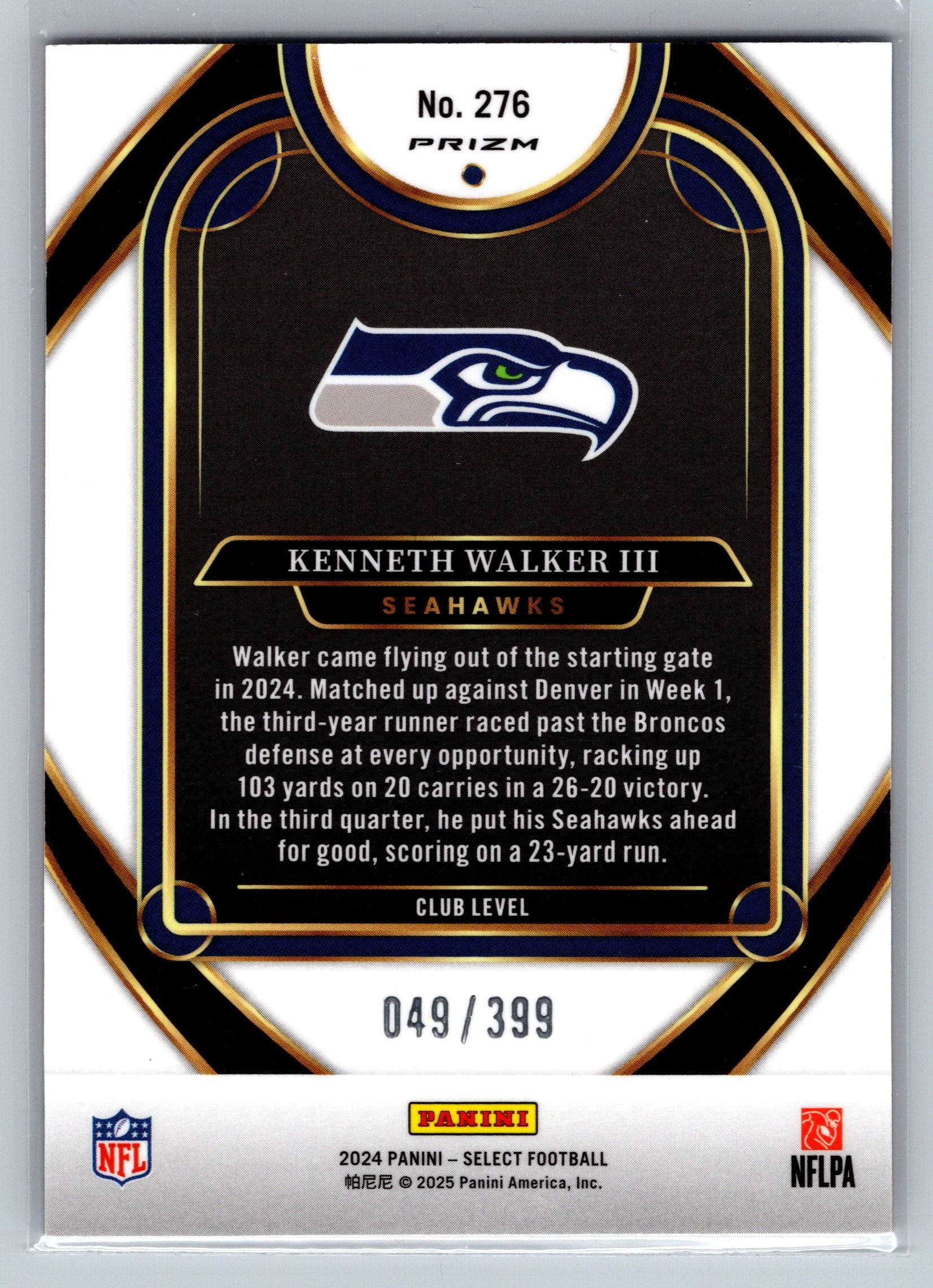 2024 Panini Select Kenneth Walker III Orange Shock Club Level /399 #276