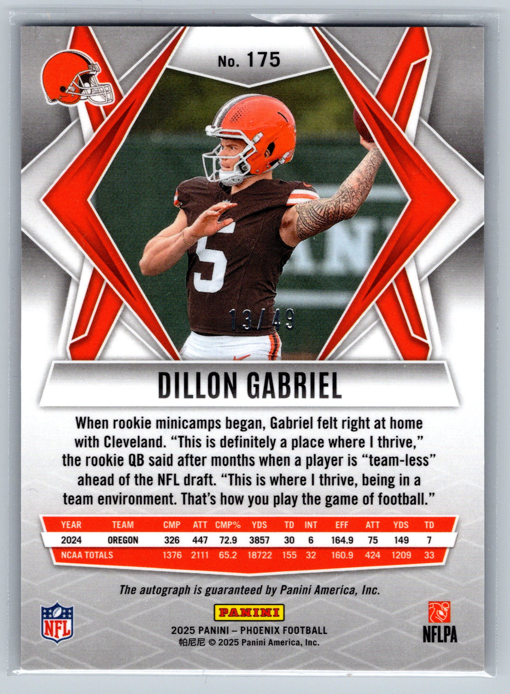 2025 Panini Phoenix Dillon Gabriel Purple Rookie Autograph /49 #175