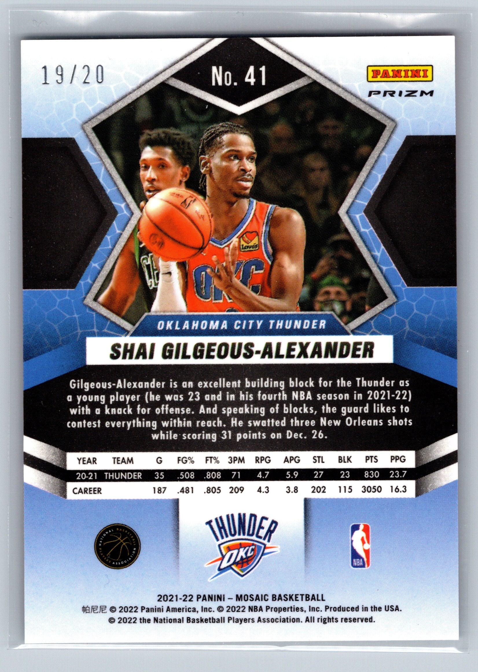 2021 Panini Mosaic Shai Gilgeous-Alexander Pink Fast Break /20 #41