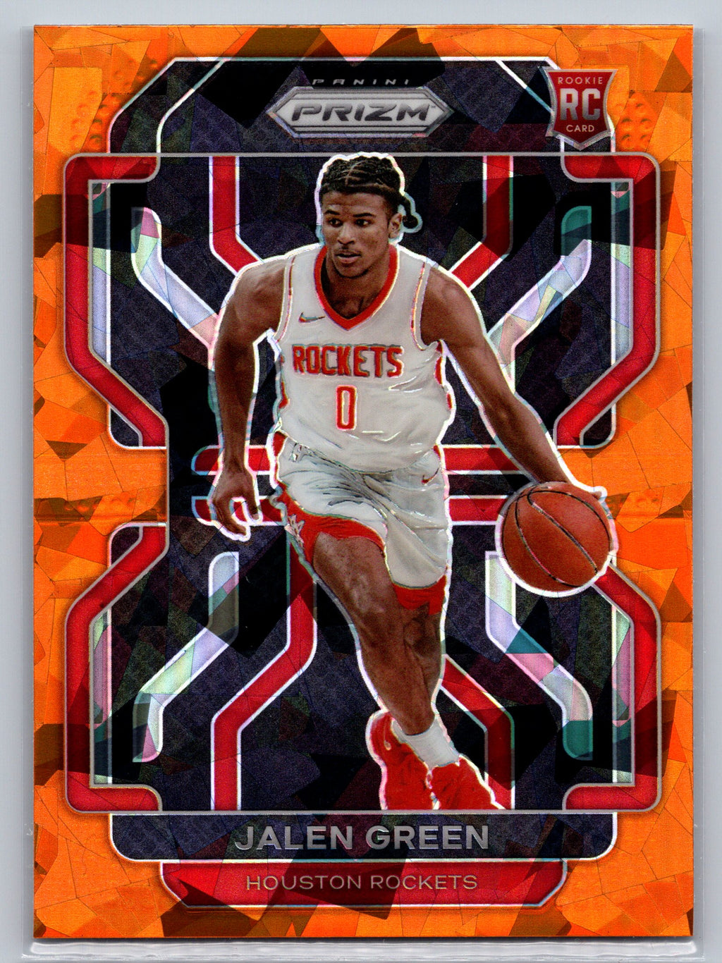 Basketball trading card of Jalen Green in a Houston Rockets uniform with colorful border