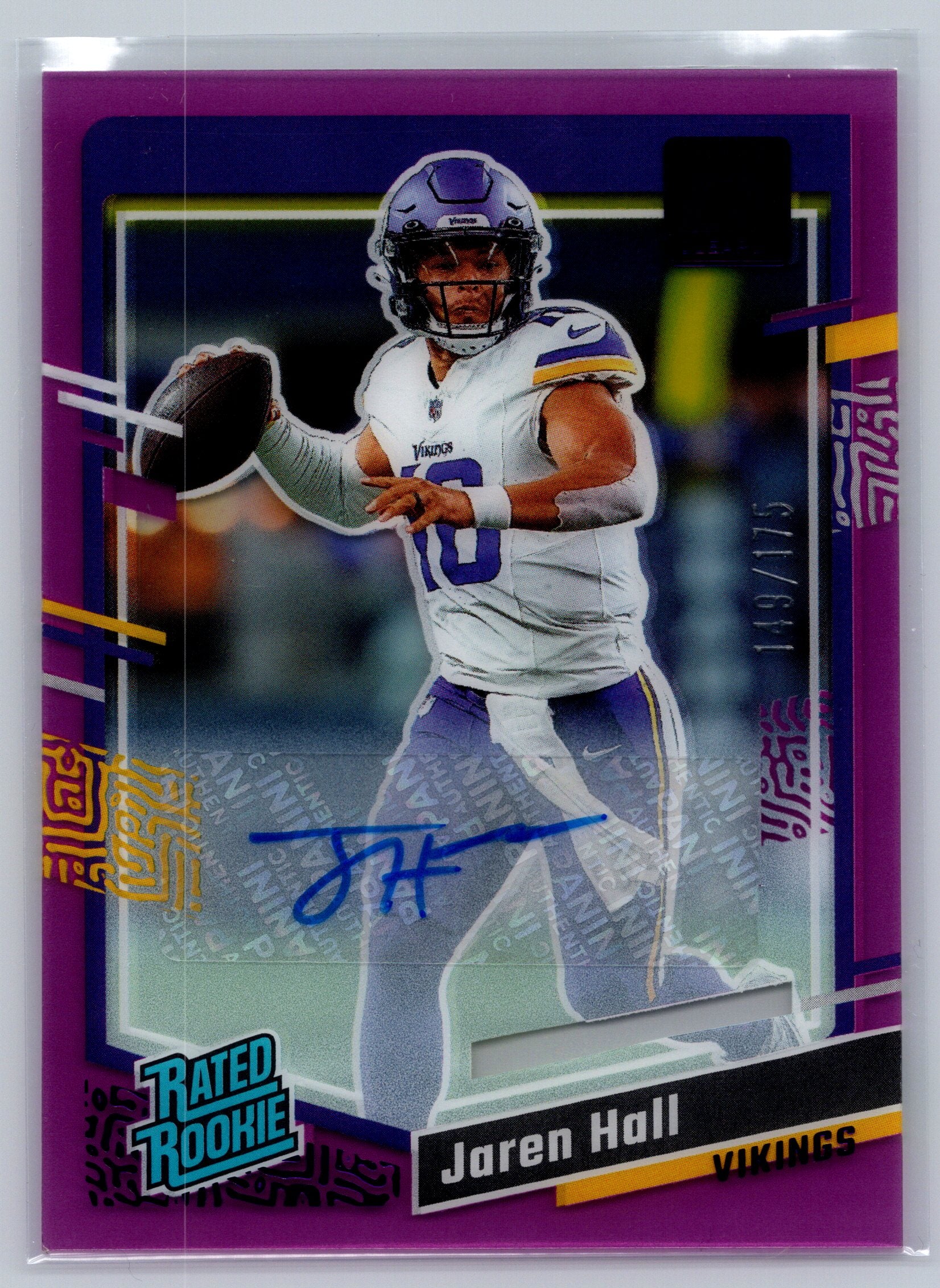 Football trading card of Jaren Hall with purple border and signature