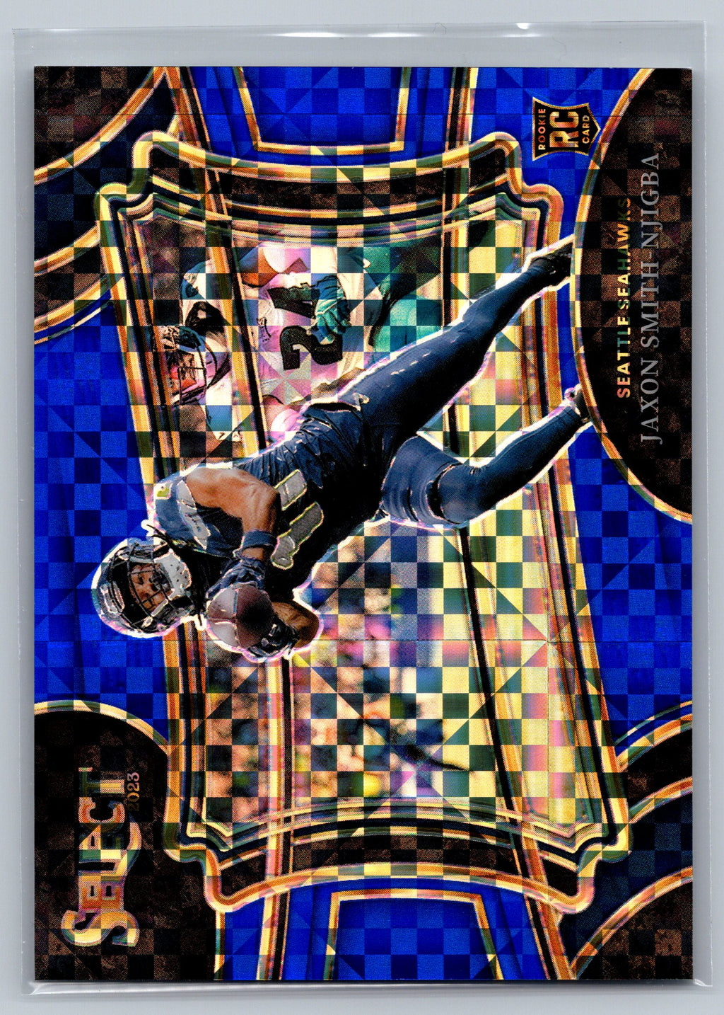 Football trading card with a player in action pose and colorful background