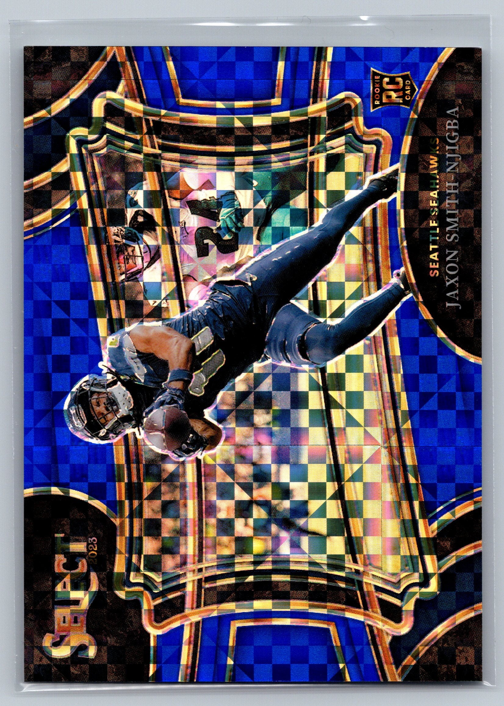 Football trading card with a player in action pose and colorful background