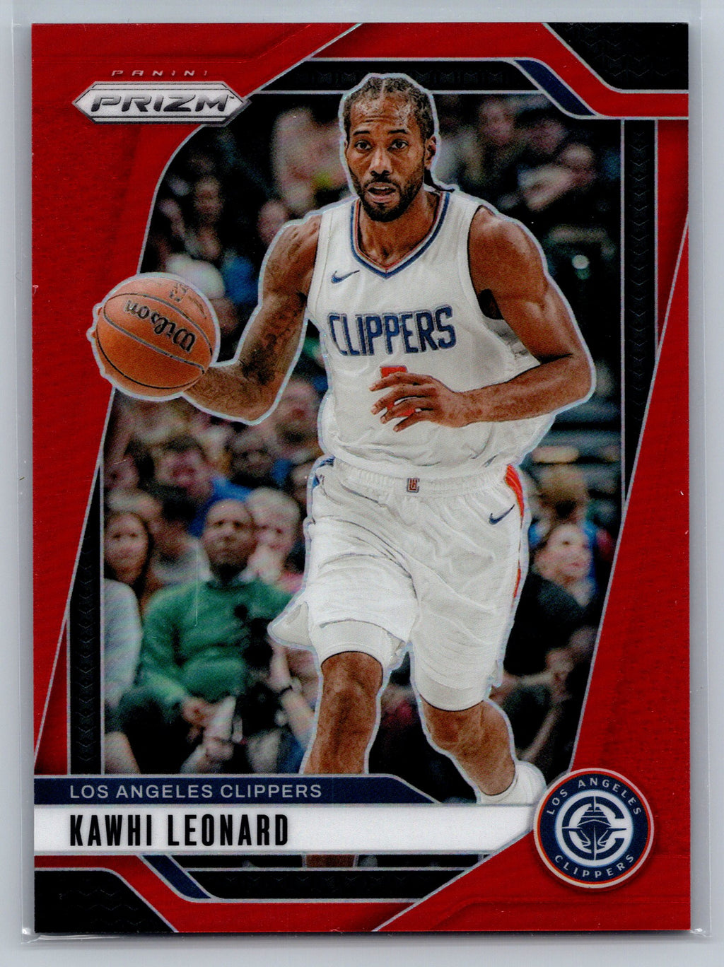 Basketball trading card of Kawhi Leonard for the Los Angeles Clippers with a red border.