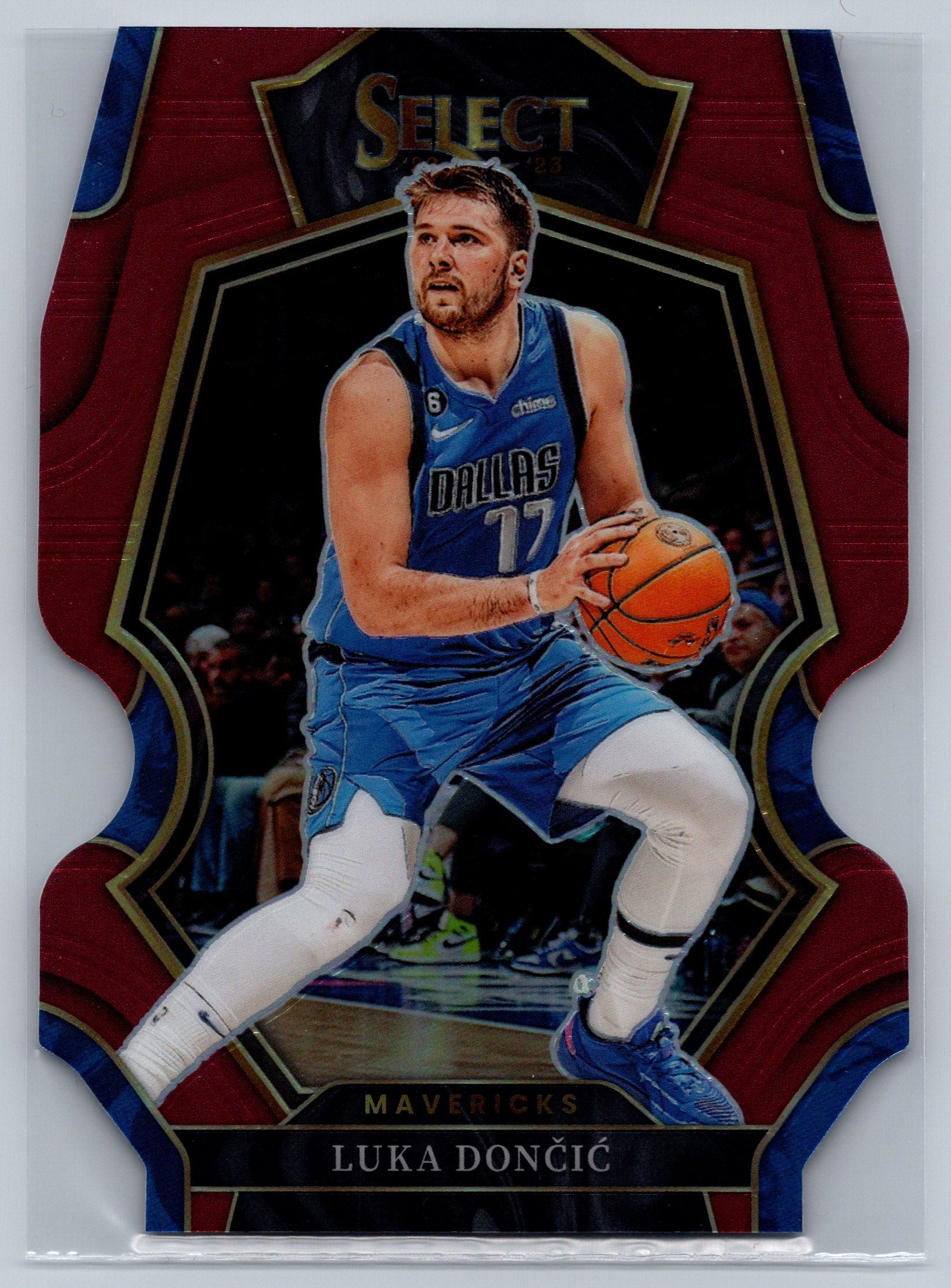 Basketball trading card of Luka Doncic in a blue jersey with a red and gold border.