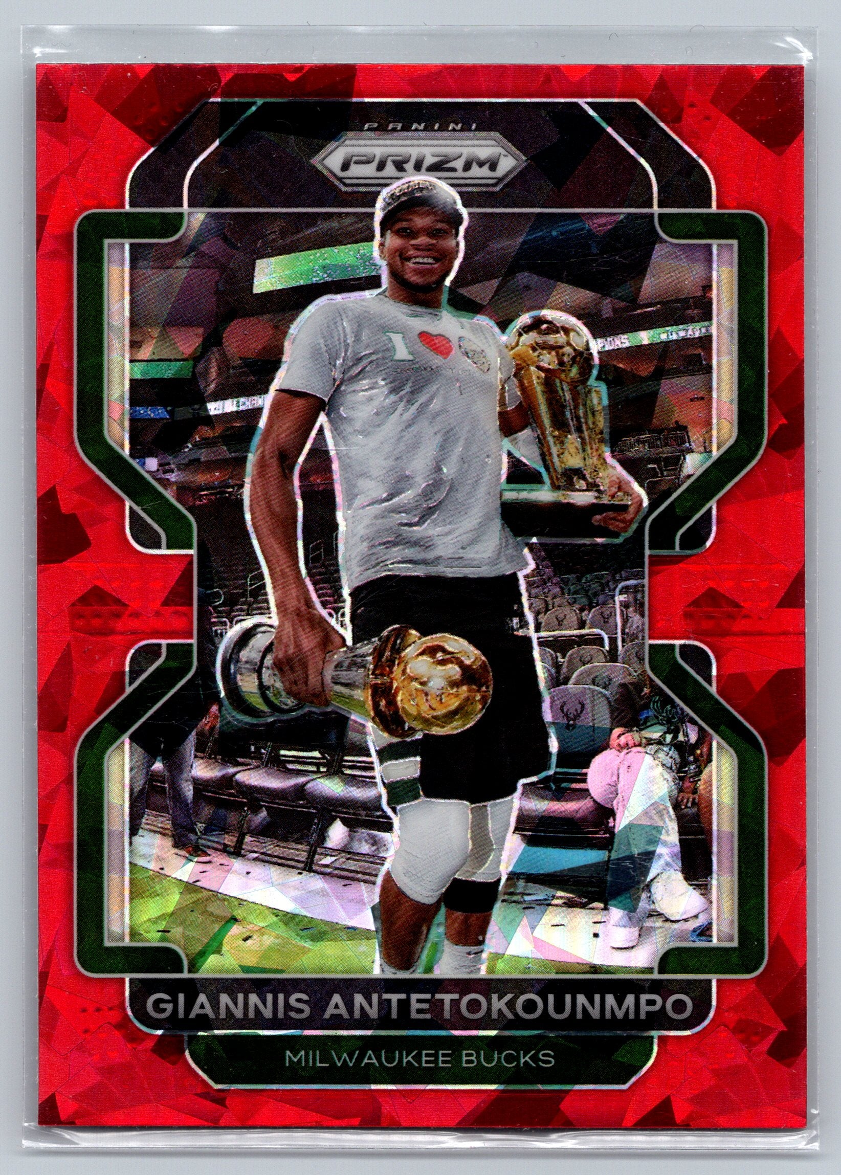 The 2021 Panini Prizm Giannis Antetokounmpo Red Cracked Ice #1
