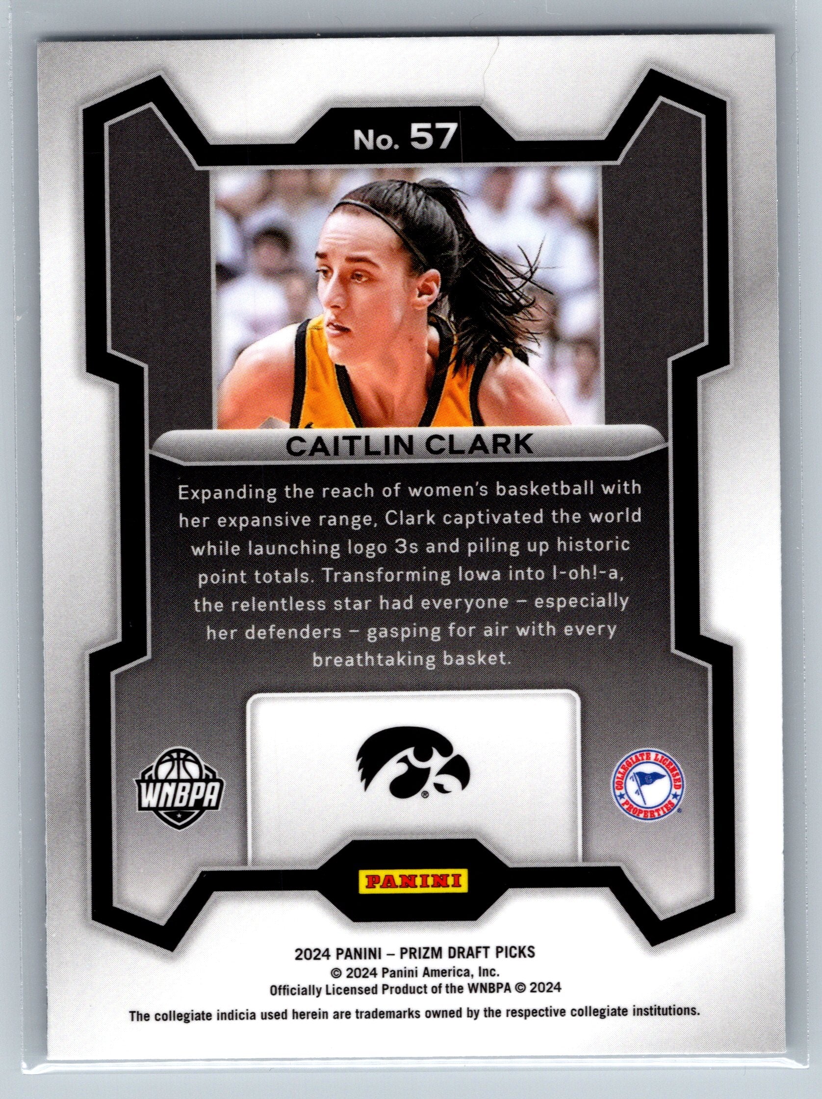 Basketball trading card of Caitlin Clark with Panini and WNBA logos.
