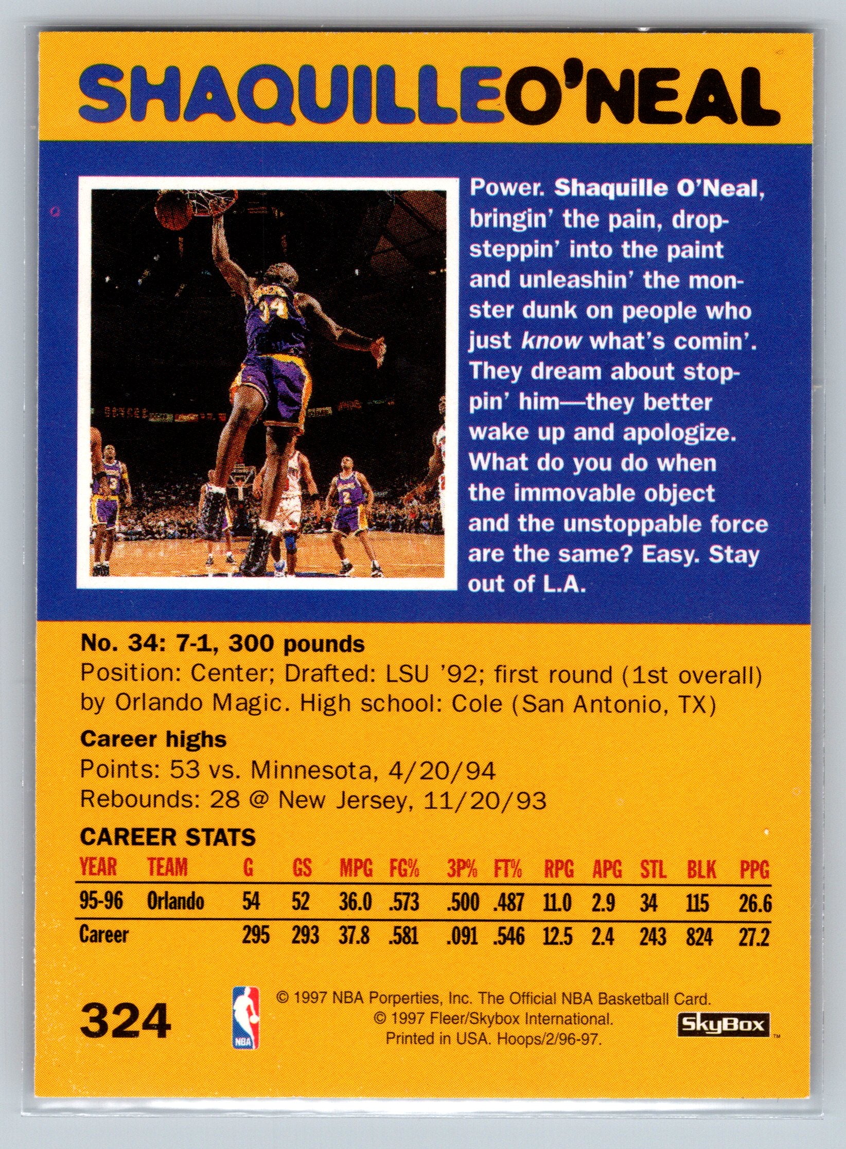Basketball trading card featuring Shaquille O'Neal with text and statistics.