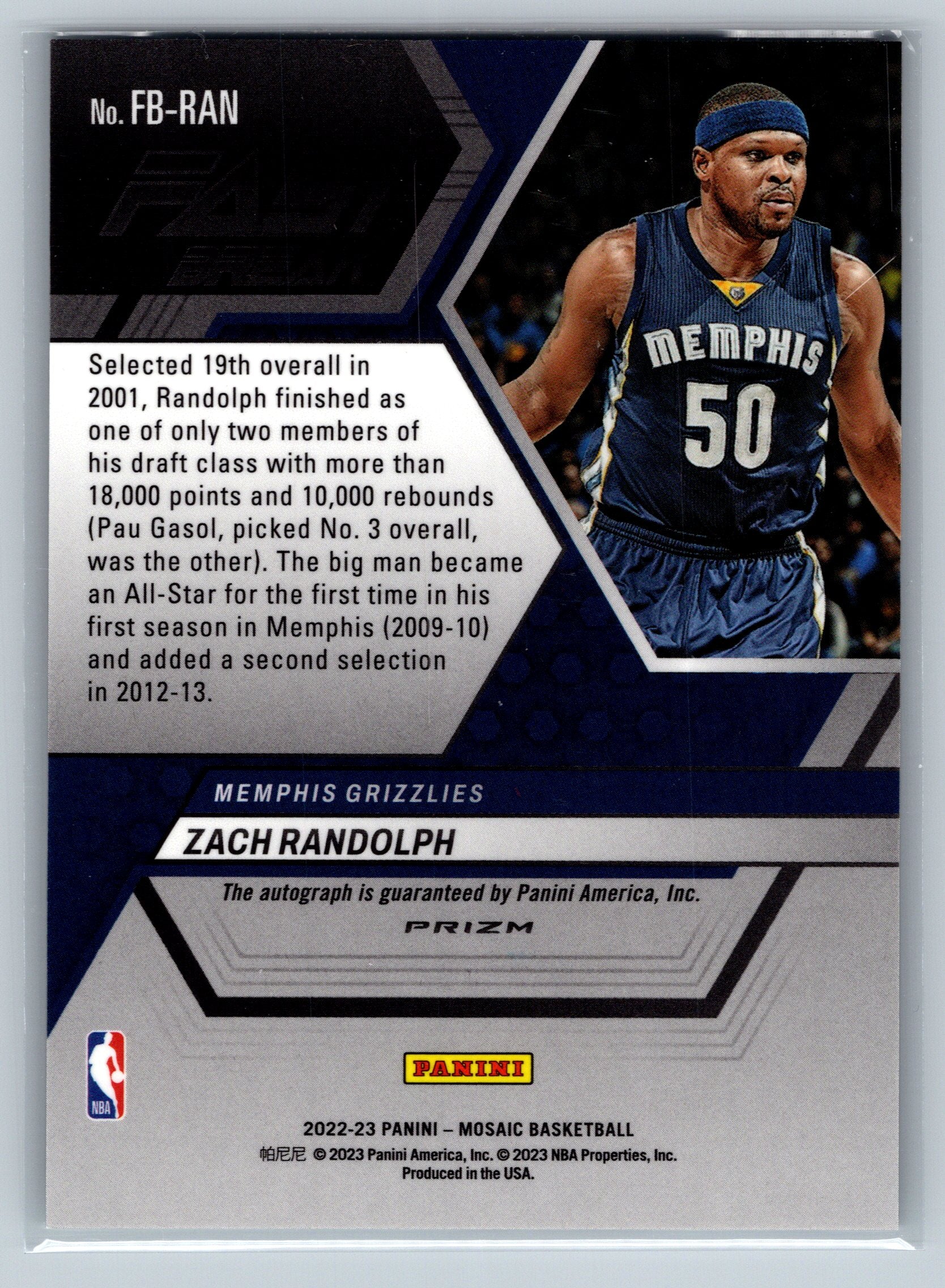 Basketball trading card of Zach Randolph with player information and branding details.