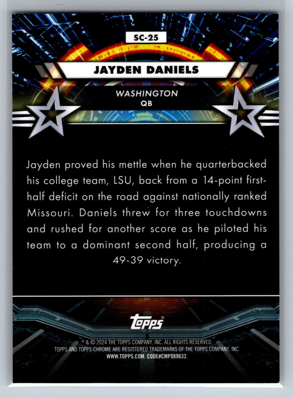 Trading card of Jayden Daniels with a black background and star designs