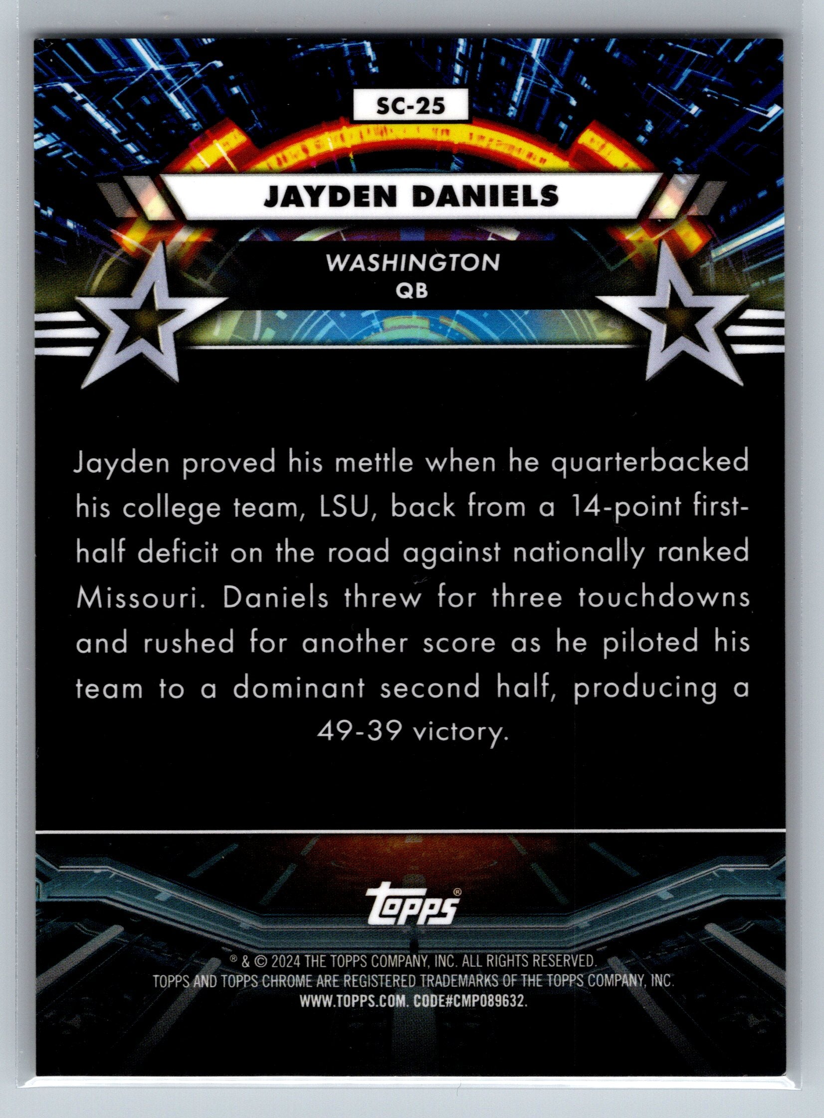 Trading card of Jayden Daniels with a black background and star designs