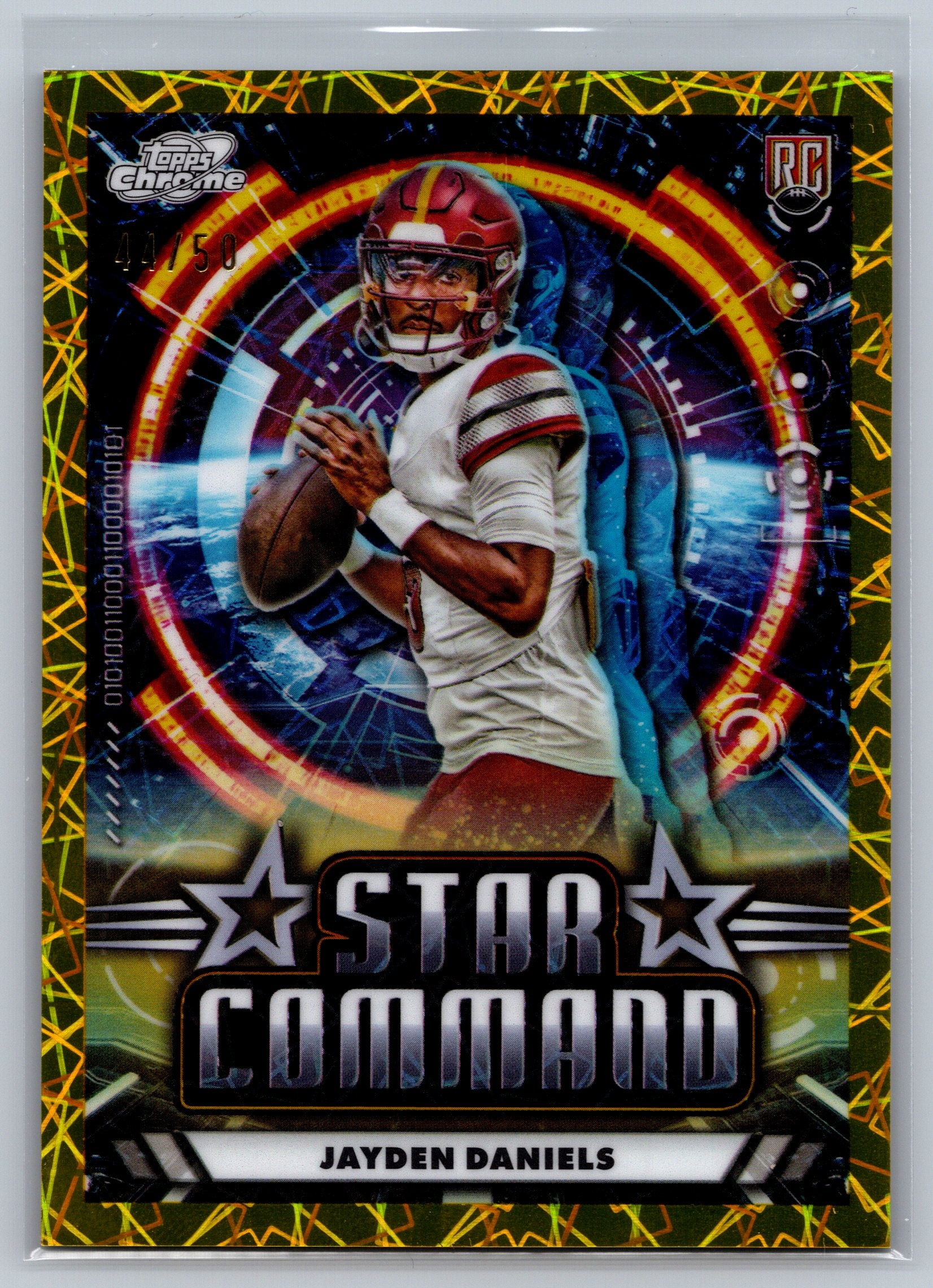 Collectible sports trading card featuring a football player in a star-themed design
