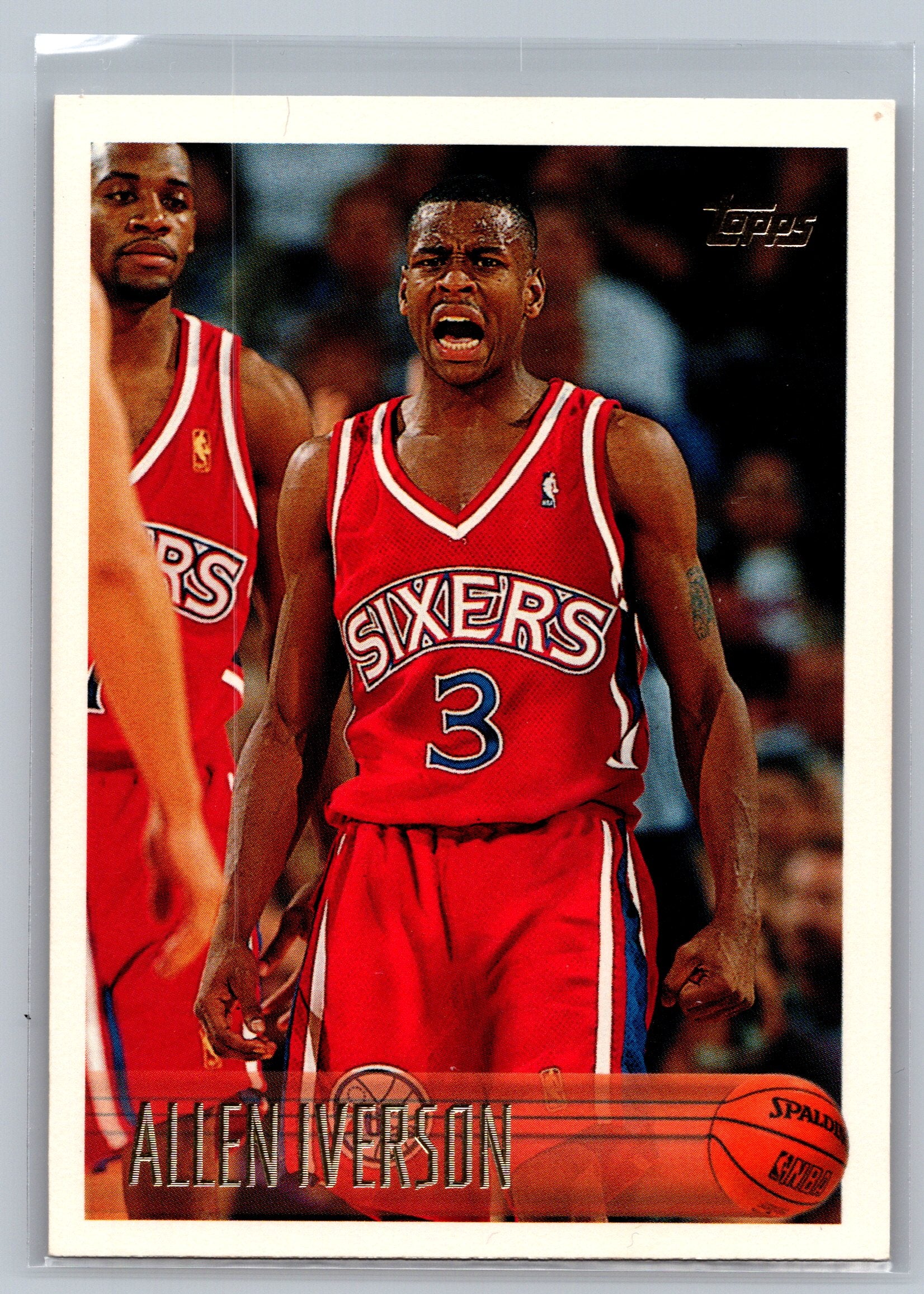 Basketball trading card of Allen Iverson in a red jersey with 'Sixers' and number '3'.